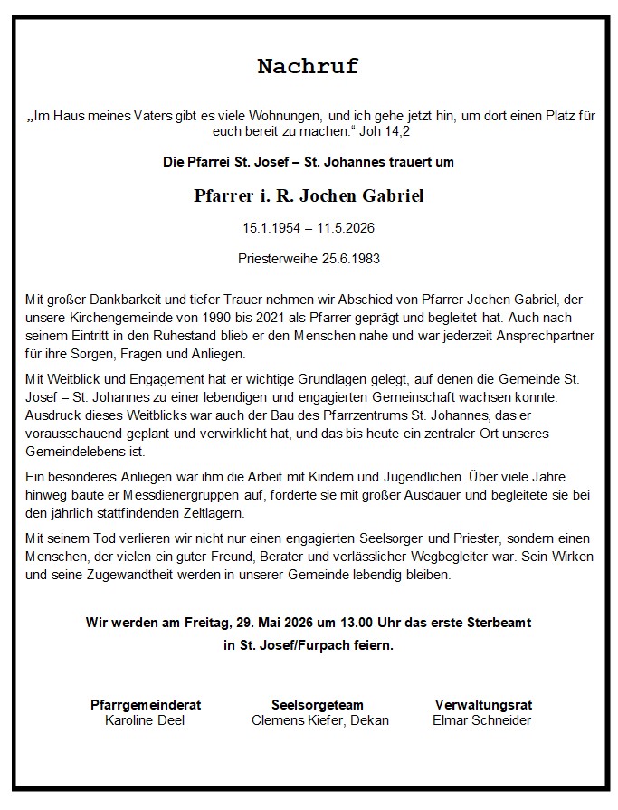 Nachruf zum Tod von Pfarrer Jochen Gabriel