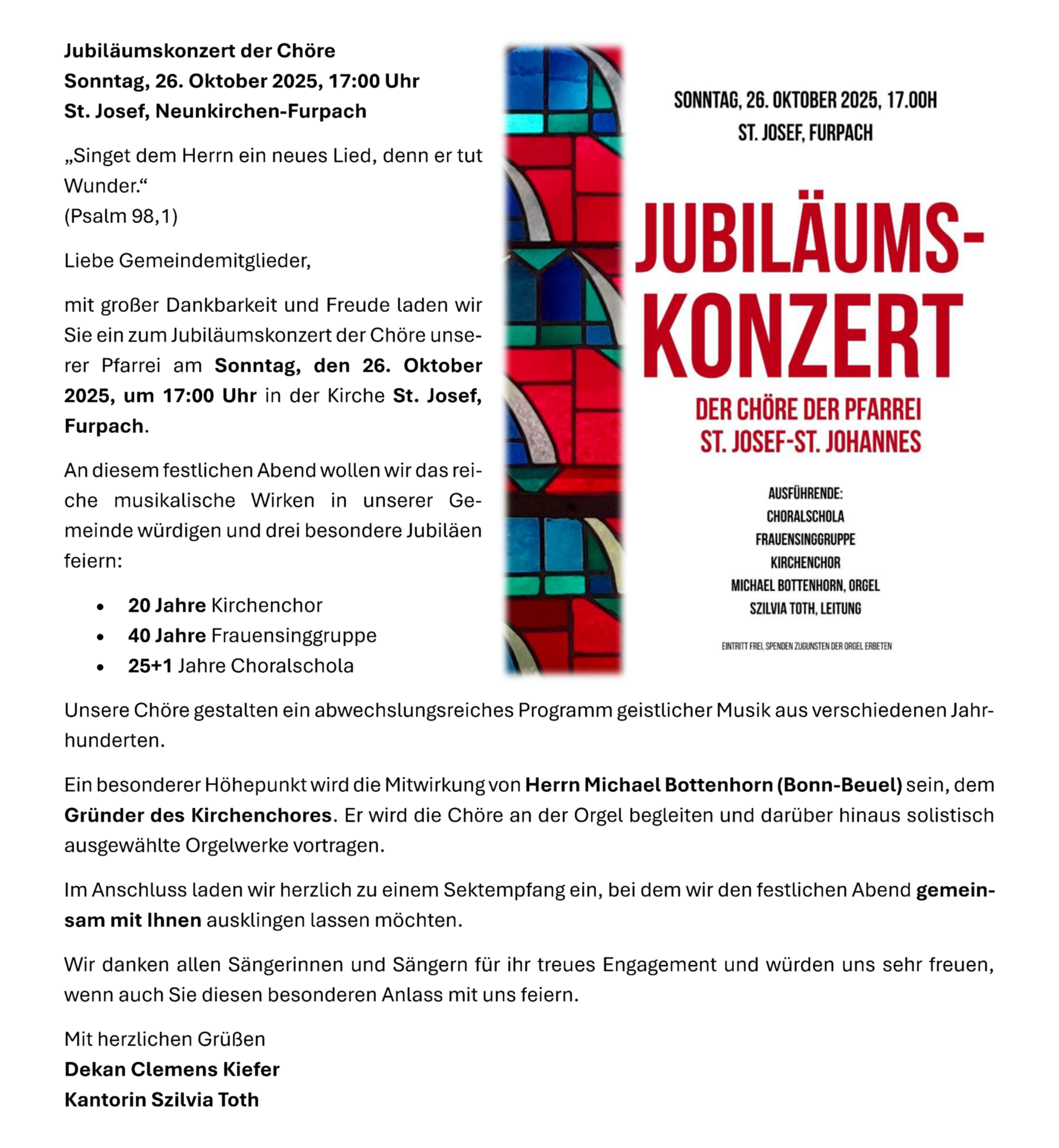 Jubiläumskonzert der Chöre am 26.10.2025 in Neunkirchen-Furpach