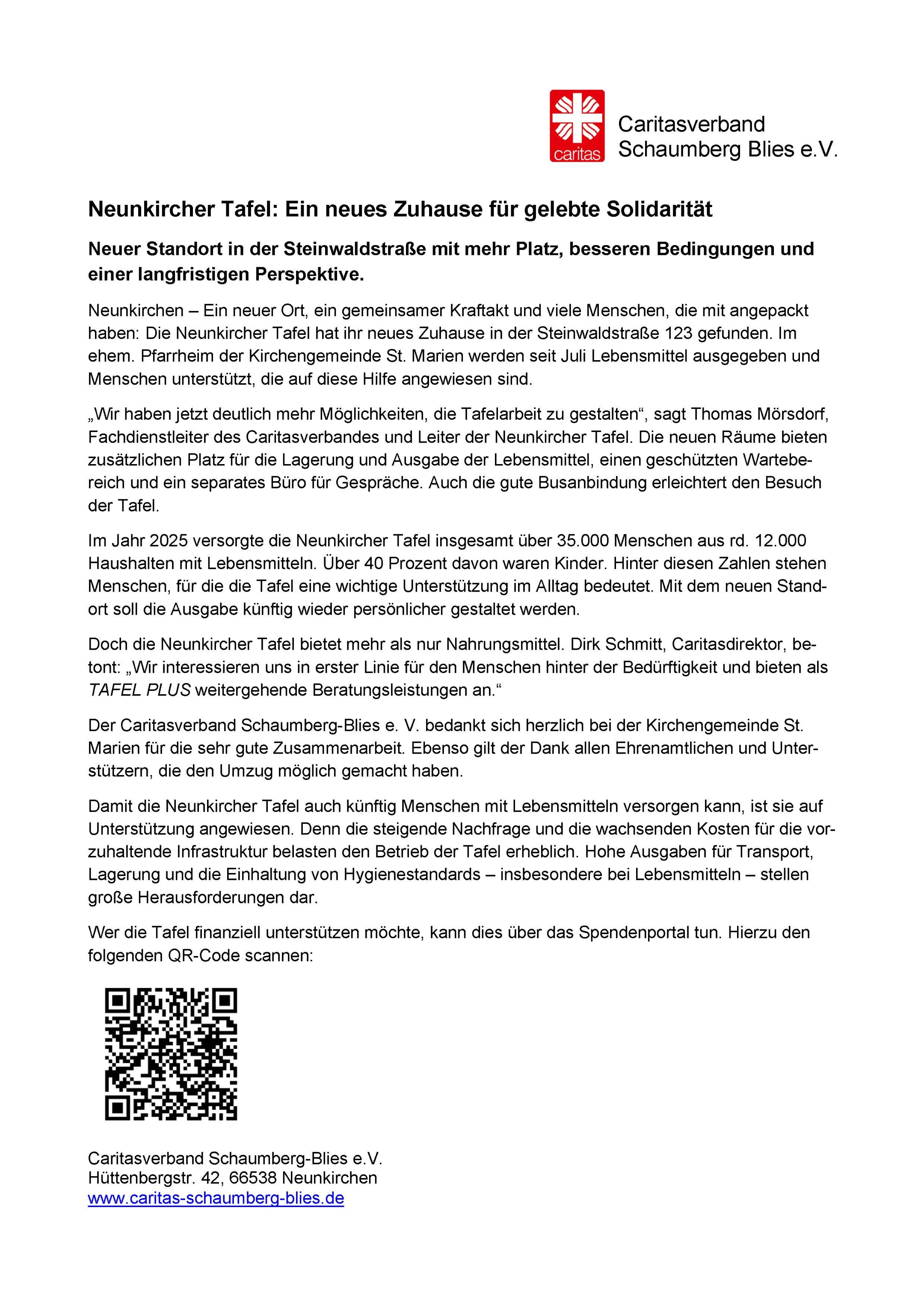 Umzug Tafel NK-Pressemitteilung und QR Code (c) Caritasverband Schaumberg-Blies e.V. Umzug Tafel NK-Pressemitteilung und QR Code